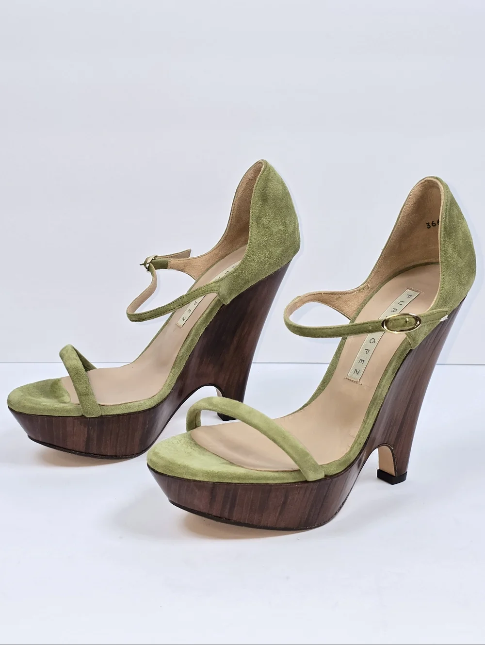 Pura Lopez Green Suede Countour Wood Wedge Platform Sandals Ankle Strap 38 - Picture 3 of 14